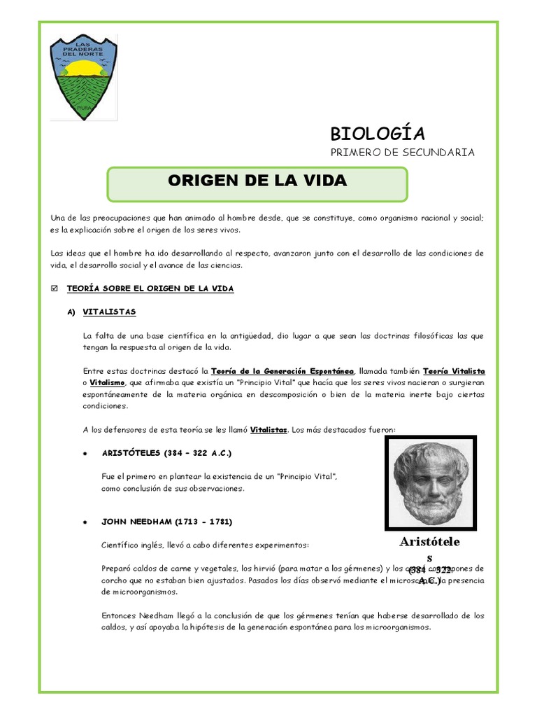 Origen de La Vida-1 de Secundaria | PDF | Abiogénesis | Vida