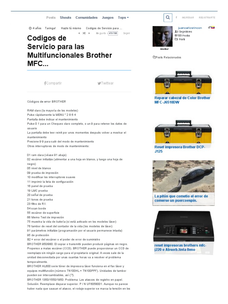 Codigos de Servicio para Las Multifuncionales Brother MFC PDF | PDF ...