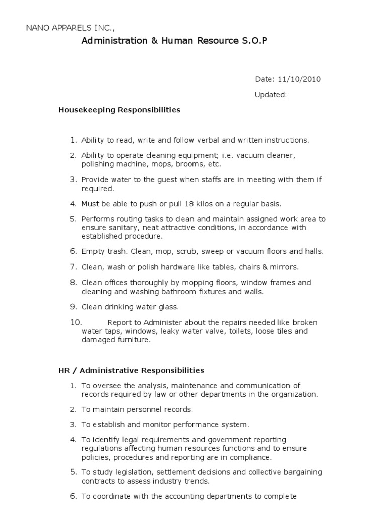 ADMIN & Housekeeping SOP Housekeeping Employment