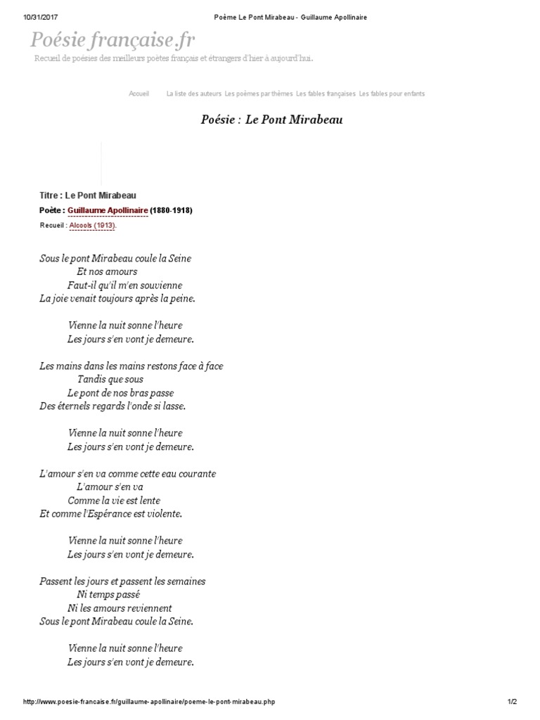 Poème Le Pont Mirabeau Guillaume Apollinaire PDF Poésie