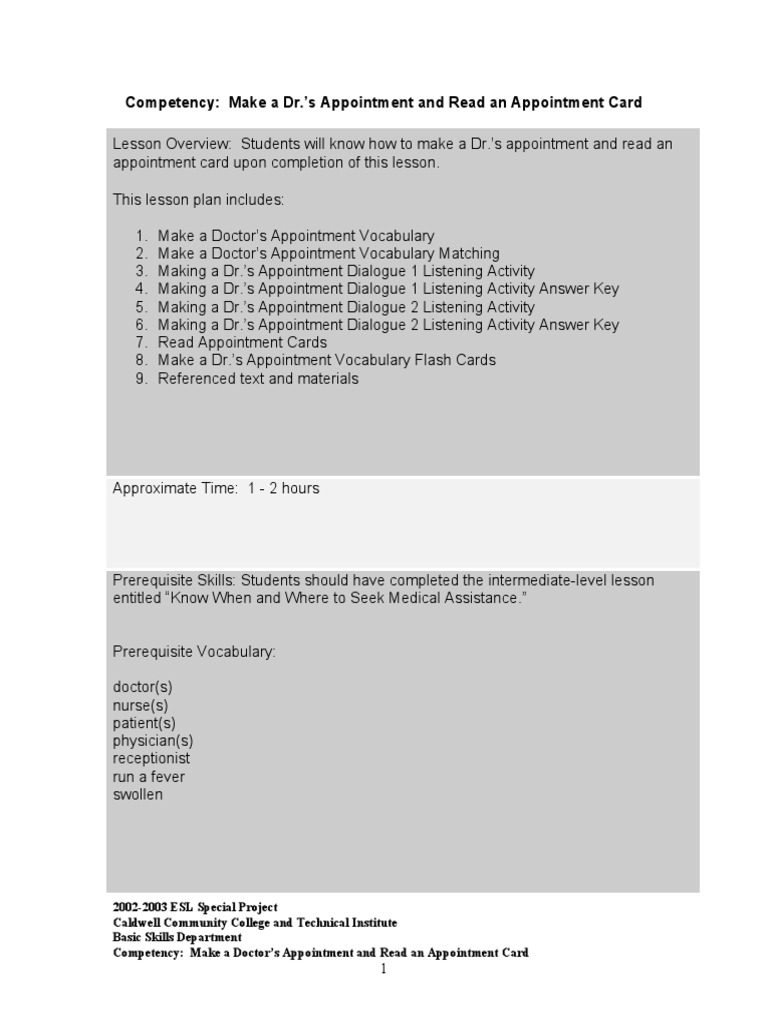 Competency: Make A Dr.'s Appointment and Read An Appointment Card | PDF ...