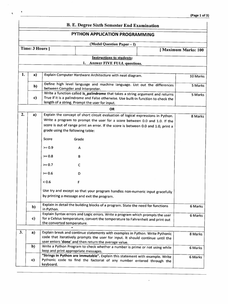 Python Model Question Paper PDF | PDF