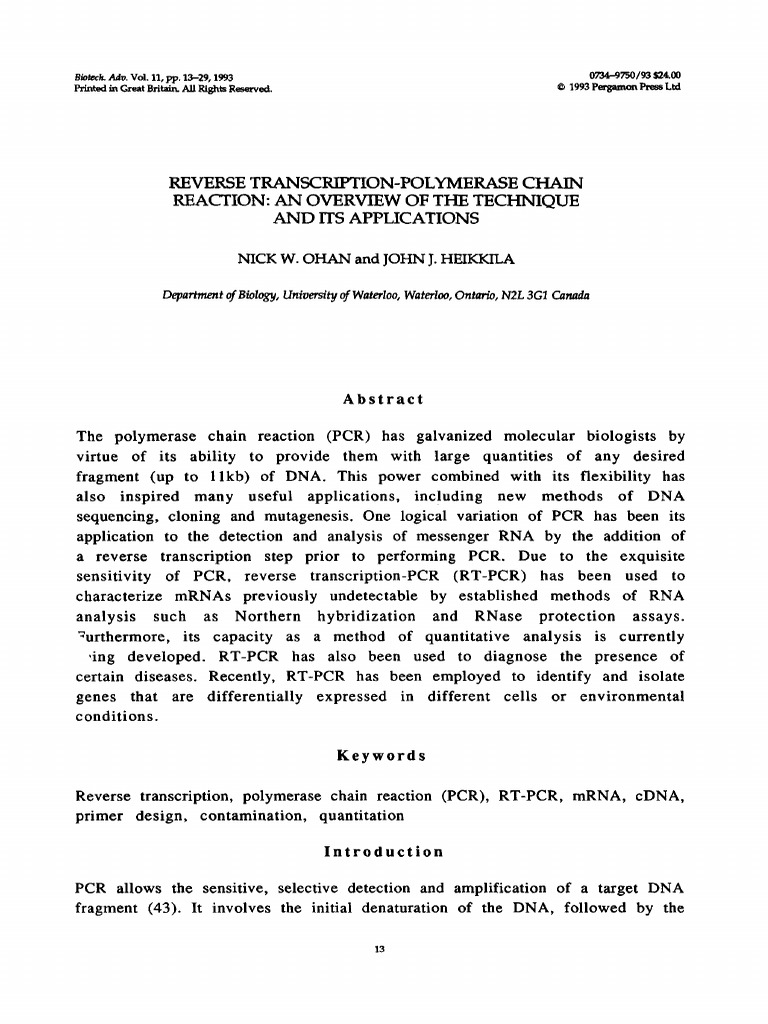 Reverse Transcription-Polymerase Chain Reaction: An Overview of The ...