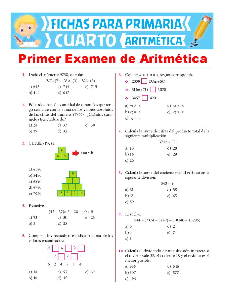 Ejercicios de Aritmética para 4to Grado | PDF | División (Matemáticas ...