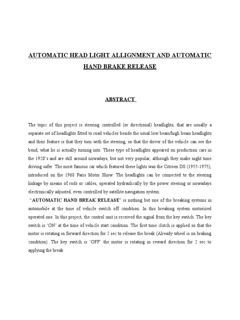 Automatic Hand Brake and Head Light Allignment PDF Headlamp