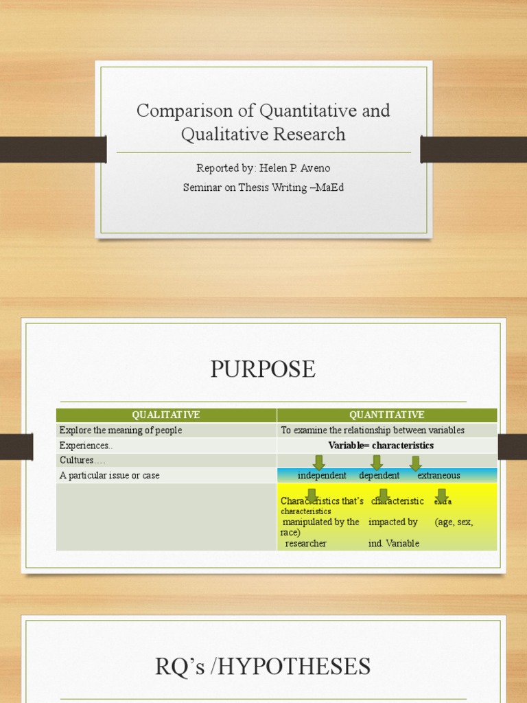 Comparison of Quantitative and Qualitative Research: Reported By: Helen ...