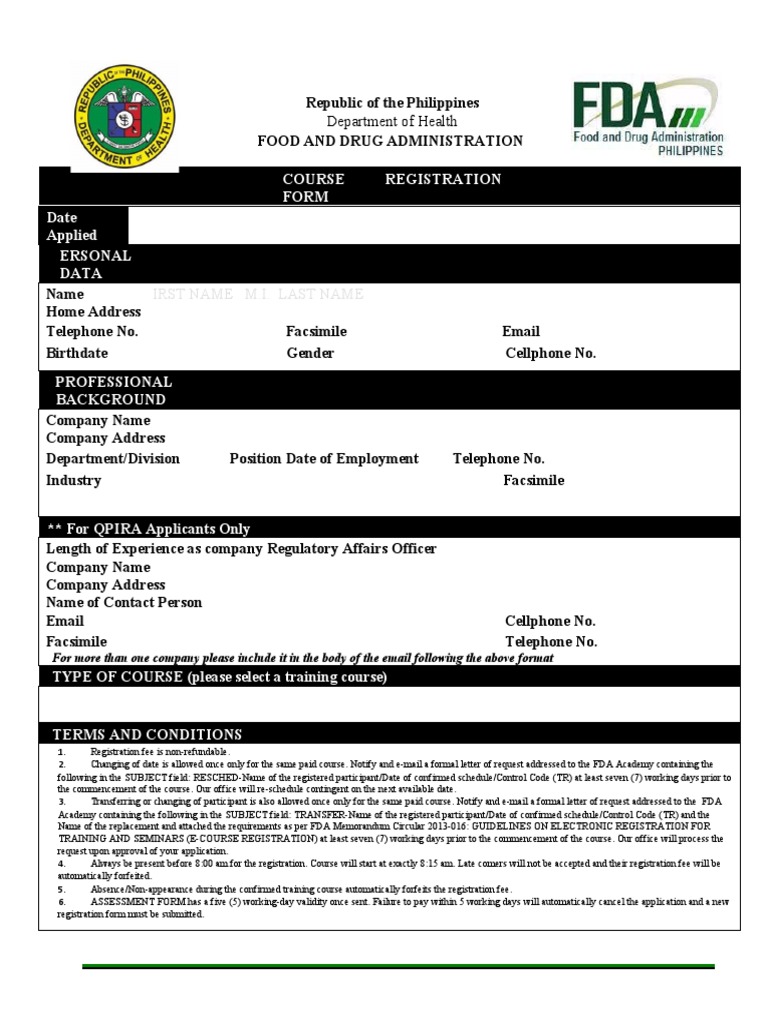 Registration Form for FDA Training Courses on Regulations and Quality