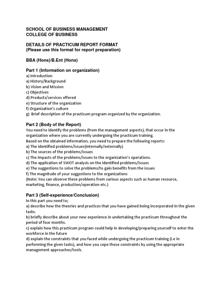 DETAILS OF PRACTICUM REPORT FORMAT BBA BEnt PDF | PDF