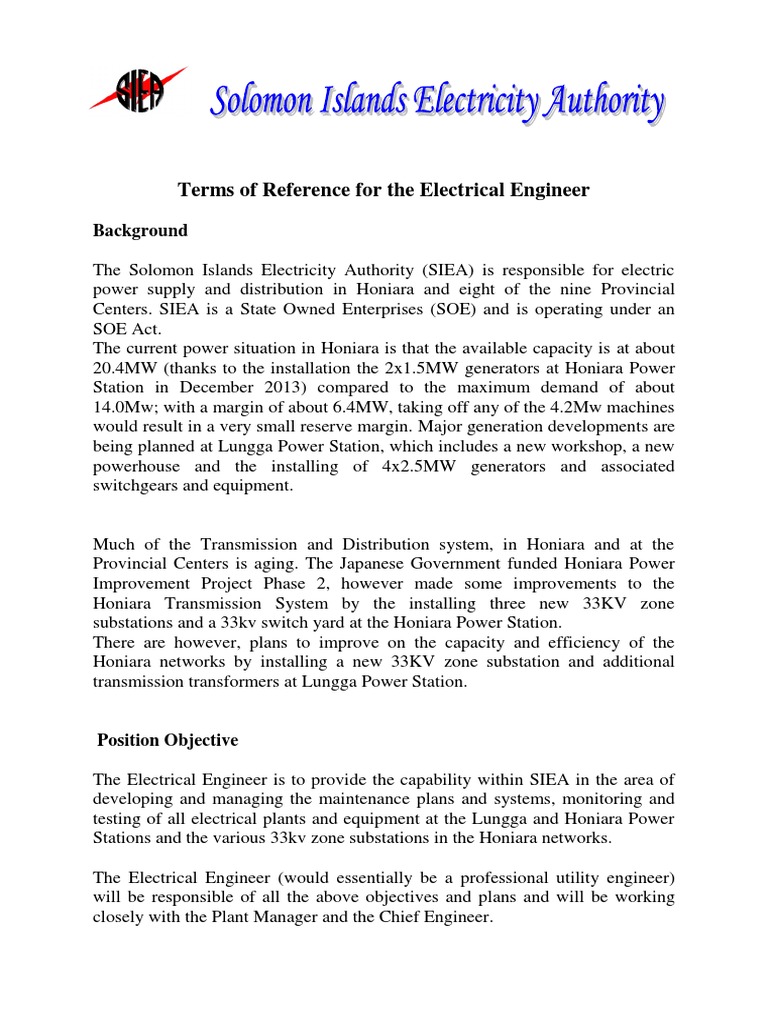 TOR Electrical Engineer PDF Power Station Electric Power