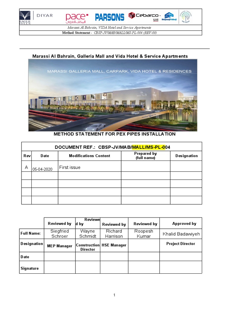 Method Statement For PEX Pipes and Fittings Installation Download
