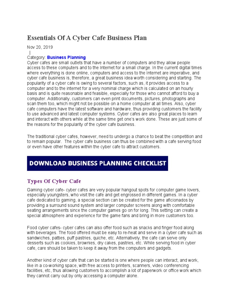 Essentials of A Cyber Cafe Business Plan PDF Marketing Coffeehouse