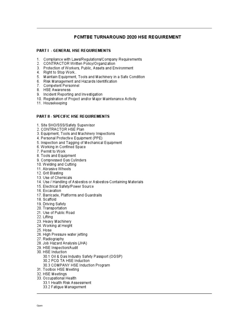 PCMTBE Turn Around 2020 Specific HSE Requirements v3 PDF PDF