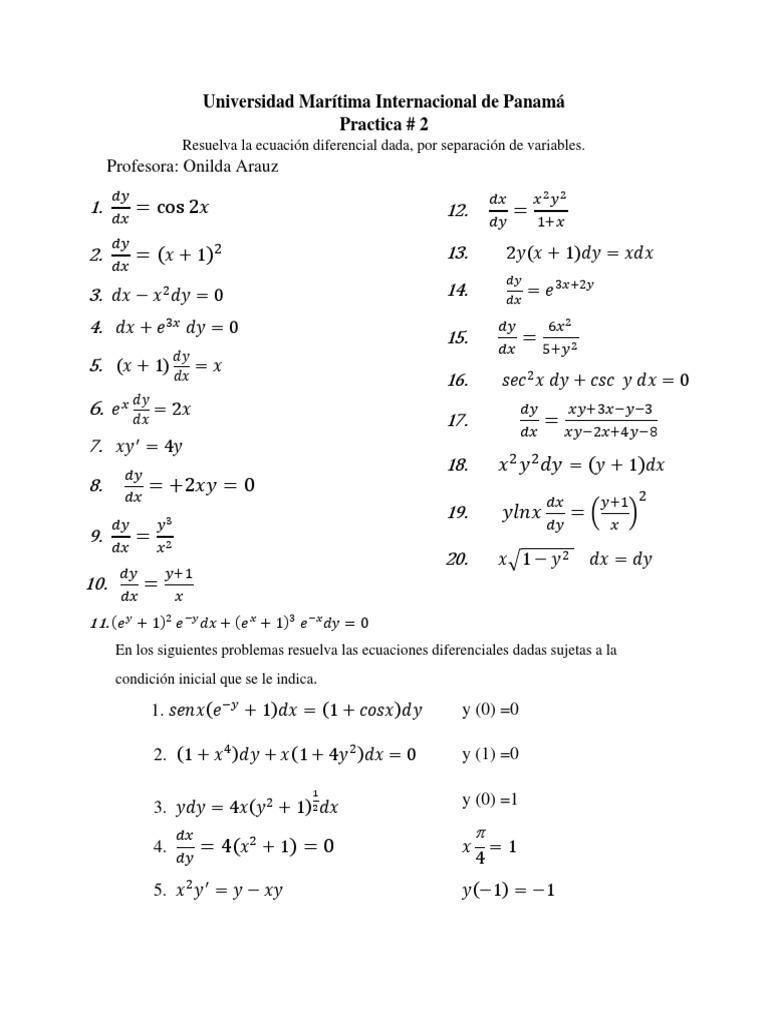 Practica 2 Edo Variable Separable Pdf Ensenanza De Matematica Ajedrez