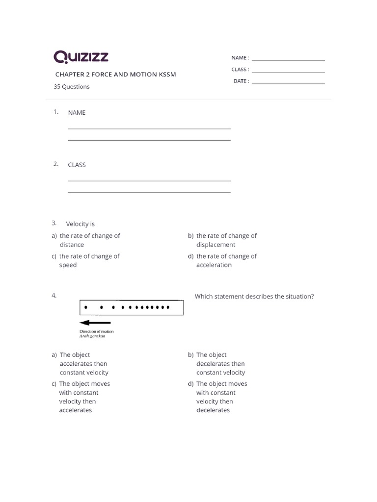Quizizz F4 Chapter 2 Force and Motion PDF | PDF
