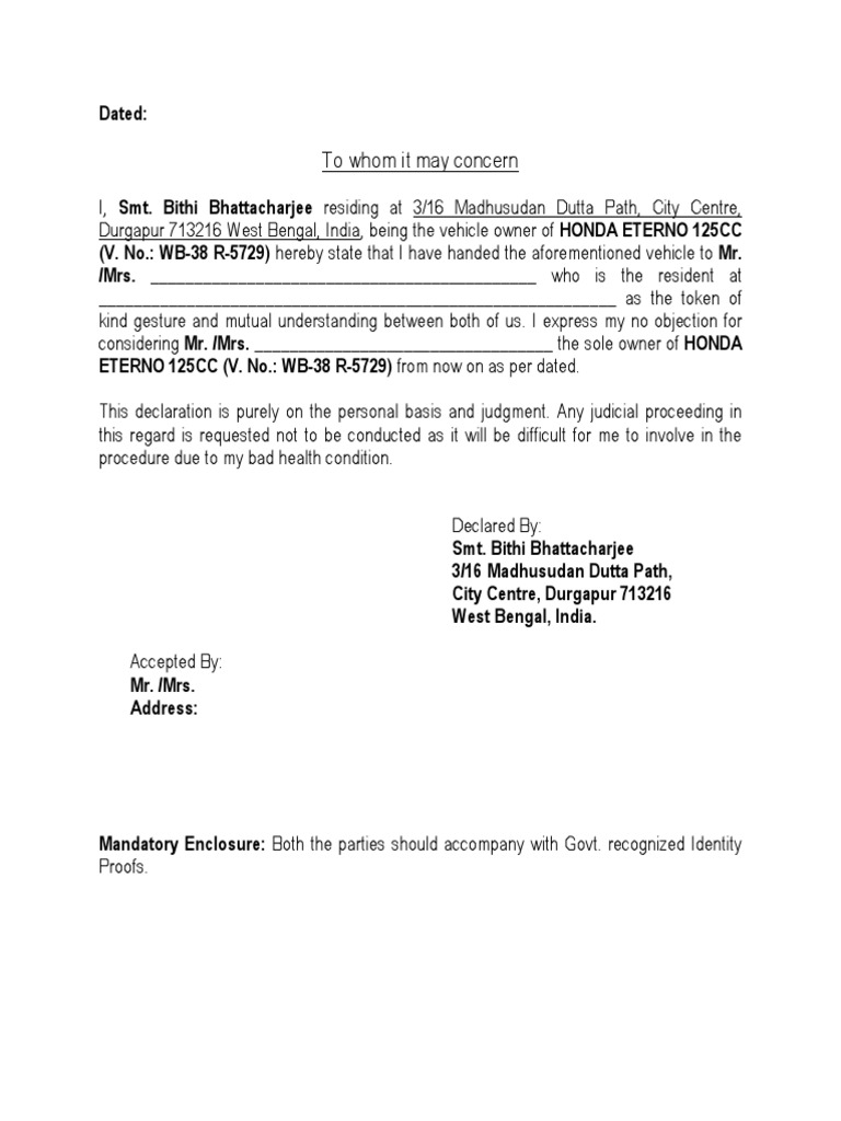 Vehicle Ownership Transfer Declaration | PDF