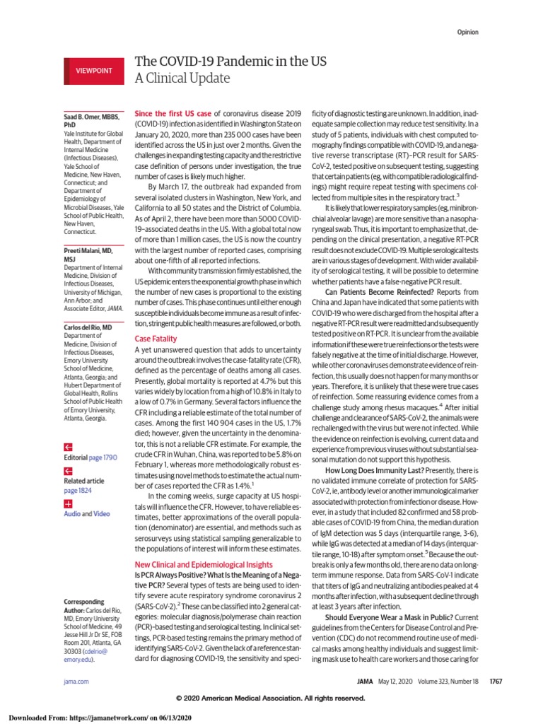 The COVID-19 Pandemic in The US A Clinical Update | PDF | Transmission ...