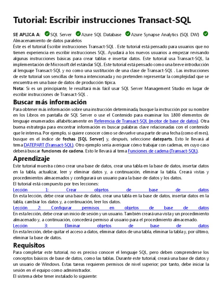 Tutorial Escribir Instrucciones Transact-SQL | PDF | Servidor SQL de ...