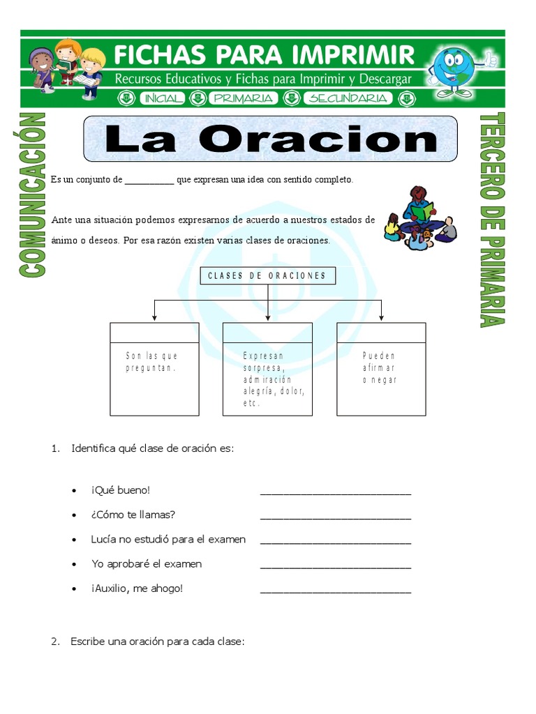 Ficha Clases de Oraciones para Tercero de Primaria | PDF
