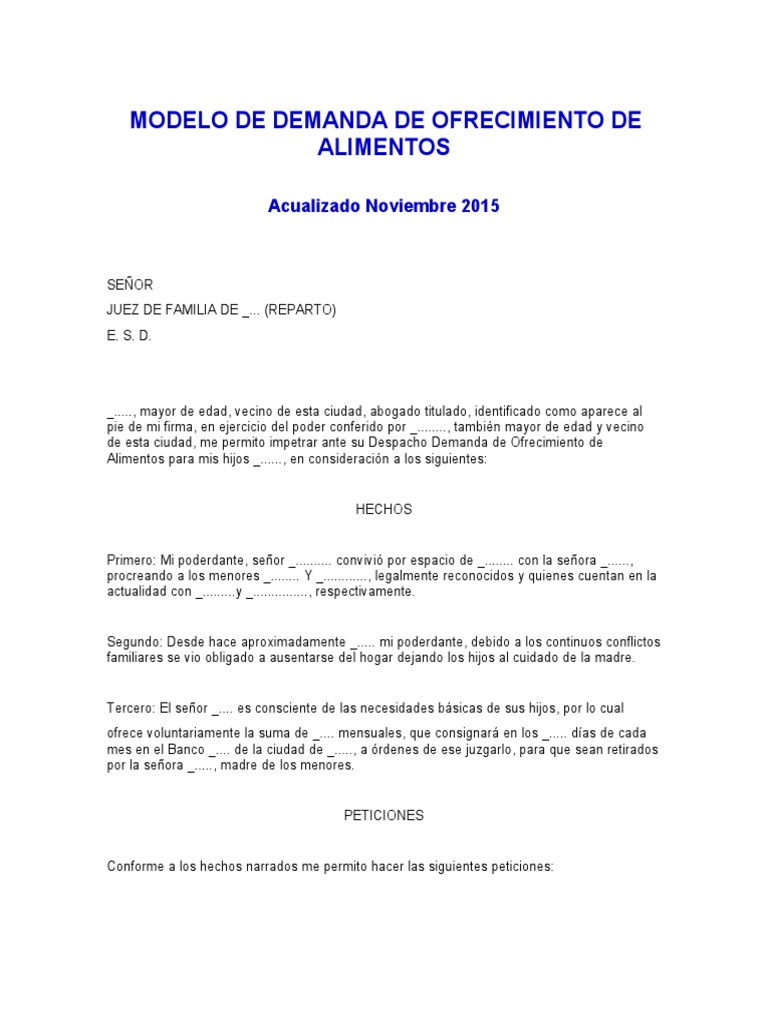 Modelo de Demanda de Ofrecimiento de Alimentos PDF Gobierno Justicia