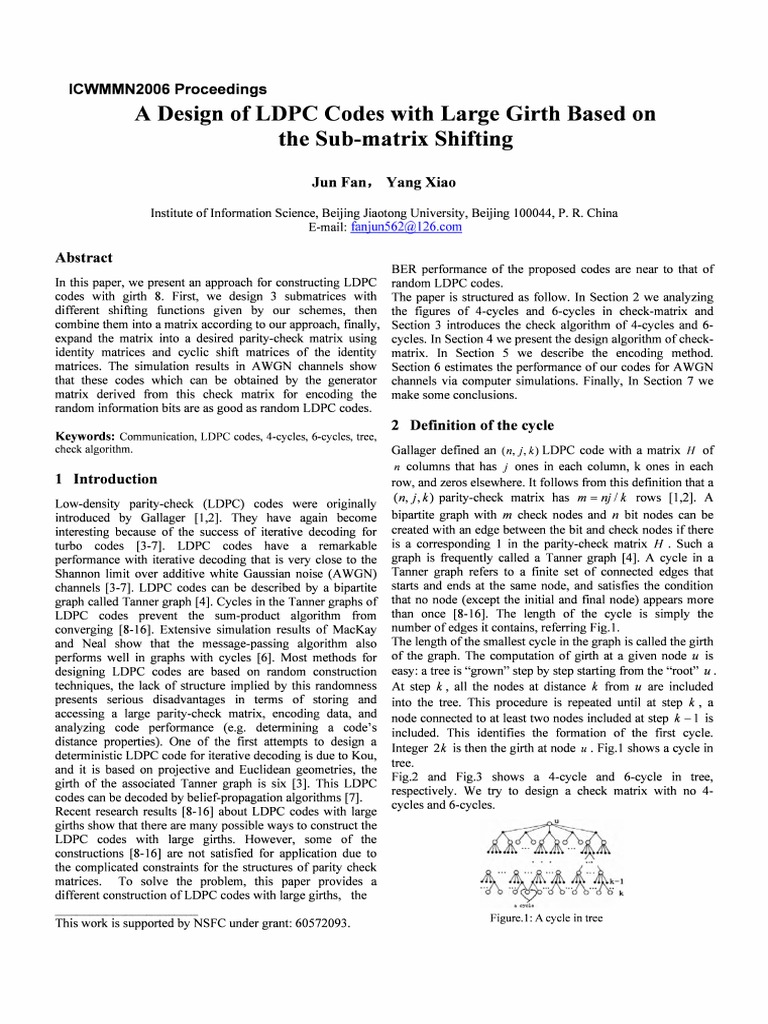 A Design Of Ldpc Codes With Large Girth Based On The Sub Matrix Shifting Low Density Parity Check Code Matrix Mathematics
