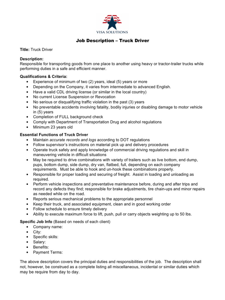 Job Description Truck Driver PDF Truck Driver Truck
