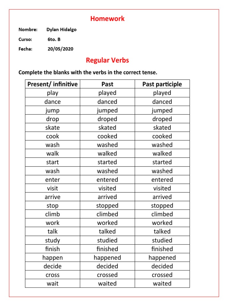 Regular and Irregular Verbs Homework | PDF | Verb | Syntactic Relationships