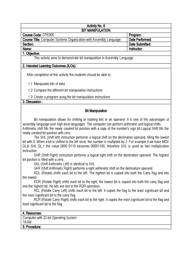 Bit Manipulation in Assembly Language | PDF | Assembly Language | Bit