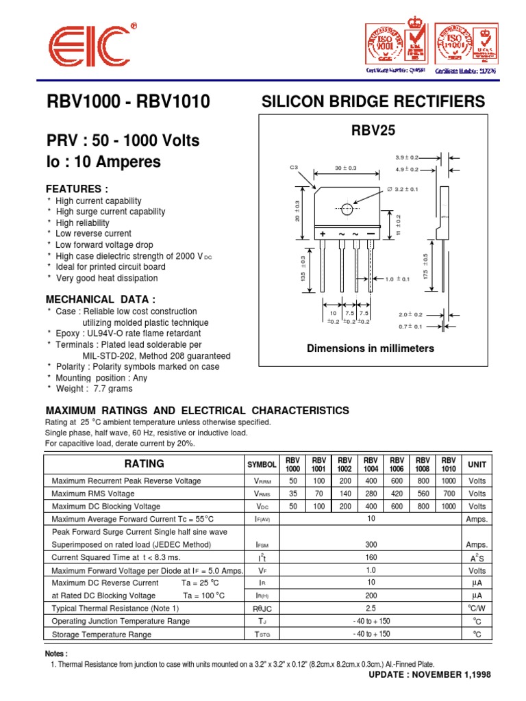 RBV1000 - RBV1010: Silicon Bridge Rectifiers PRV: 50 - 1000 Volts Io ...