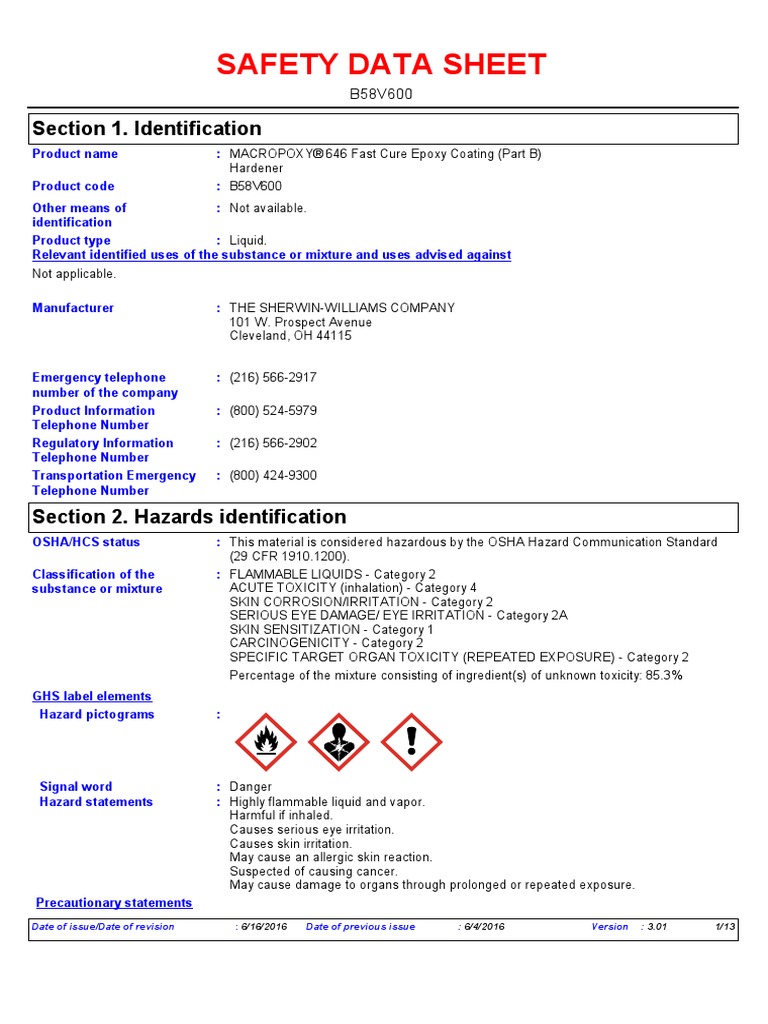 SHERWIN WILLIAMSMacropoxy Part B640125027SDS PDF Toxicity