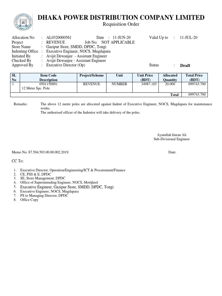 Dhaka Power Distribution Company Limited Requisition Order PDF