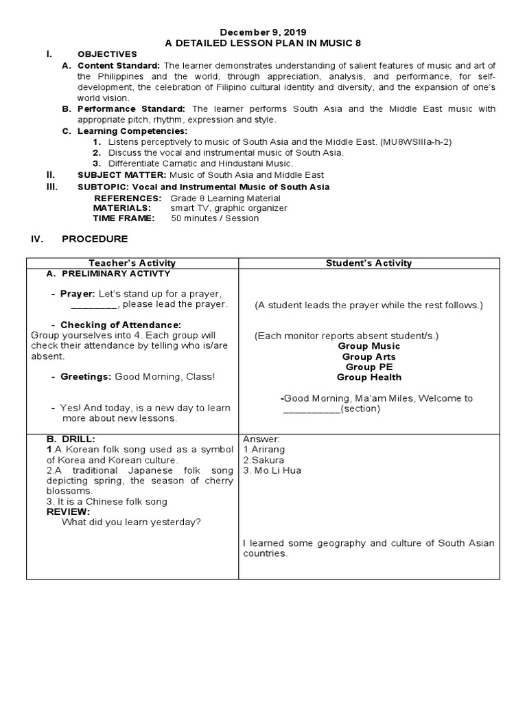 Lesson Plan in Music 8 PDF Musical Instruments Lesson Plan