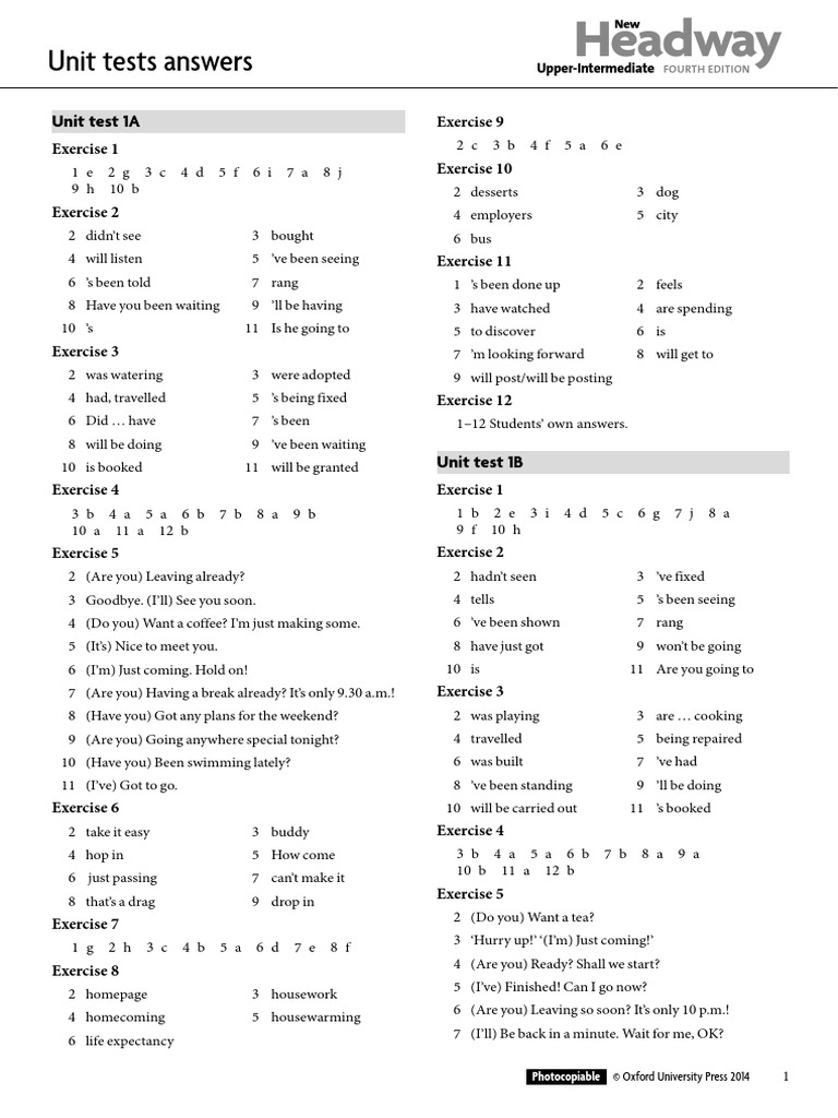 Headway 5th Edition Upper Intermediate Workbook Answer Key