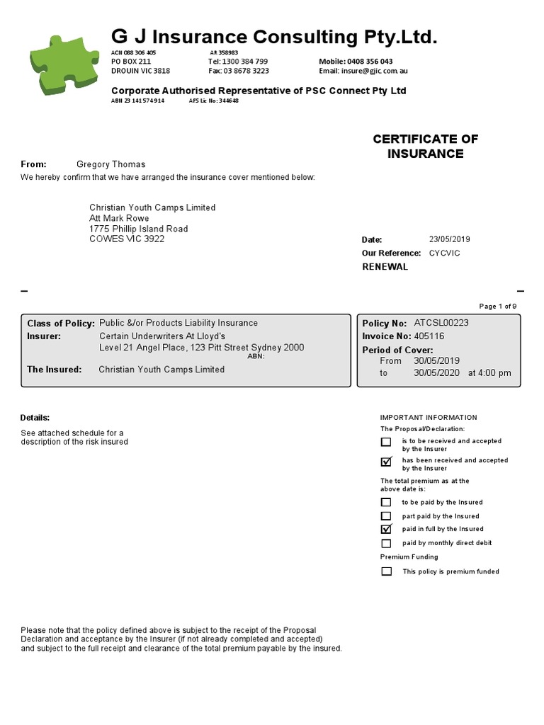 Pscconnect 20190523 Certificate of Insurance Cycvic 405116 | PDF ...