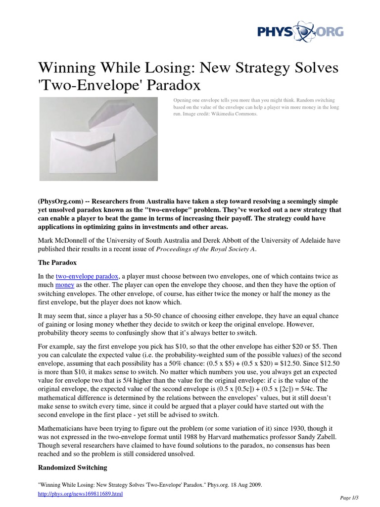 Winning While Losing New Strategy Solves Two-Envelope Paradox | PDF ...