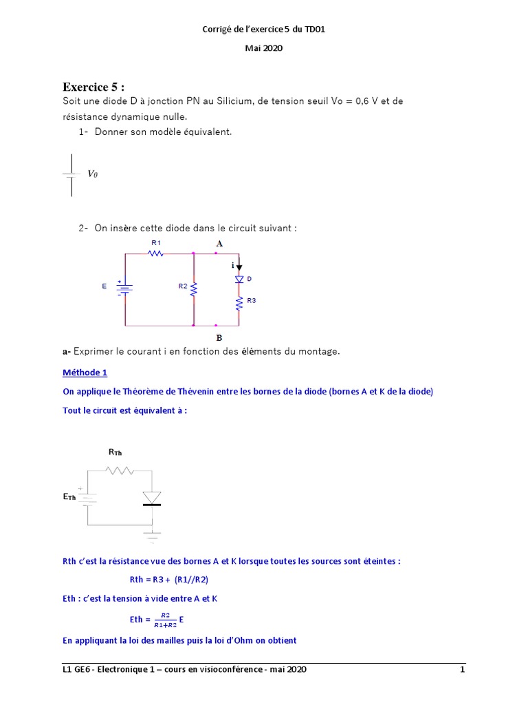 Les Diodes Et Leurs Applications Tp Corrigé TD 01 Diode - À - Jonction - Pn-Corrigé-Exe5-Partie1 PDF | PDF | Résistance  (électricité) | Diode