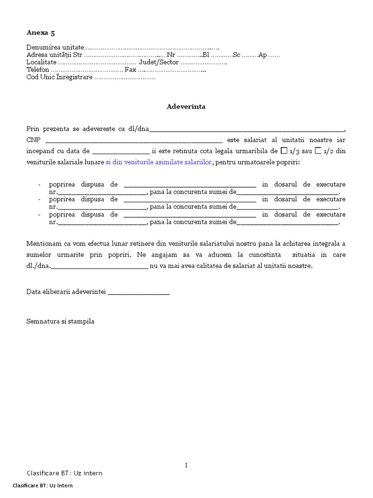 Adeverinta Poprire Angajator Pentru Banca Anexa 5