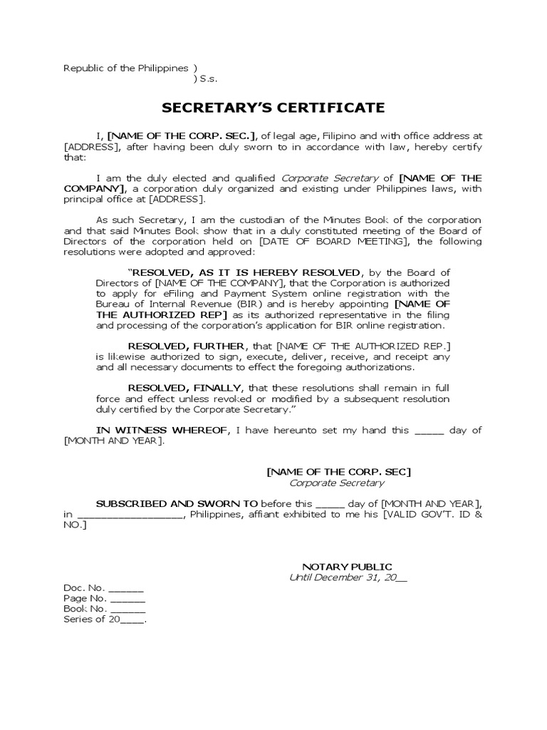 Secretary Certificate for BIR Authorization | PDF