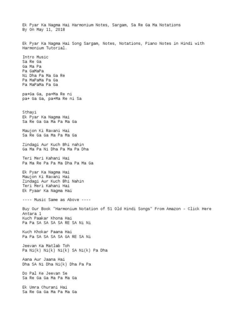 Ek Pyar Ka Nagma Hai Harmonium Notes Sargam Sa Re Ga Ma Notations