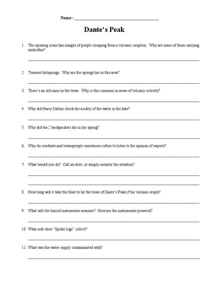 Dante's Peak Movie Worksheet Answers | PDF | Volcano | Natural Hazards