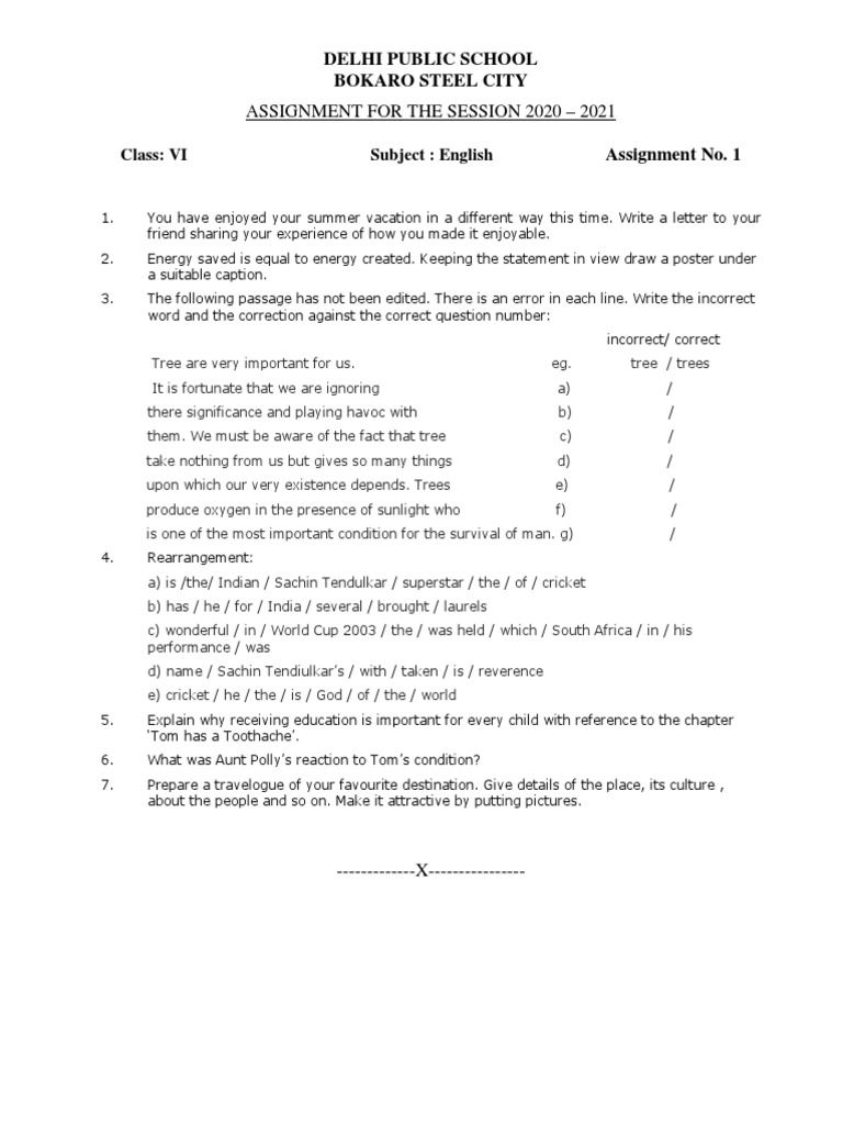 Assignment For The Session 2020 - 2021: Class: VI Subject: English | PDF