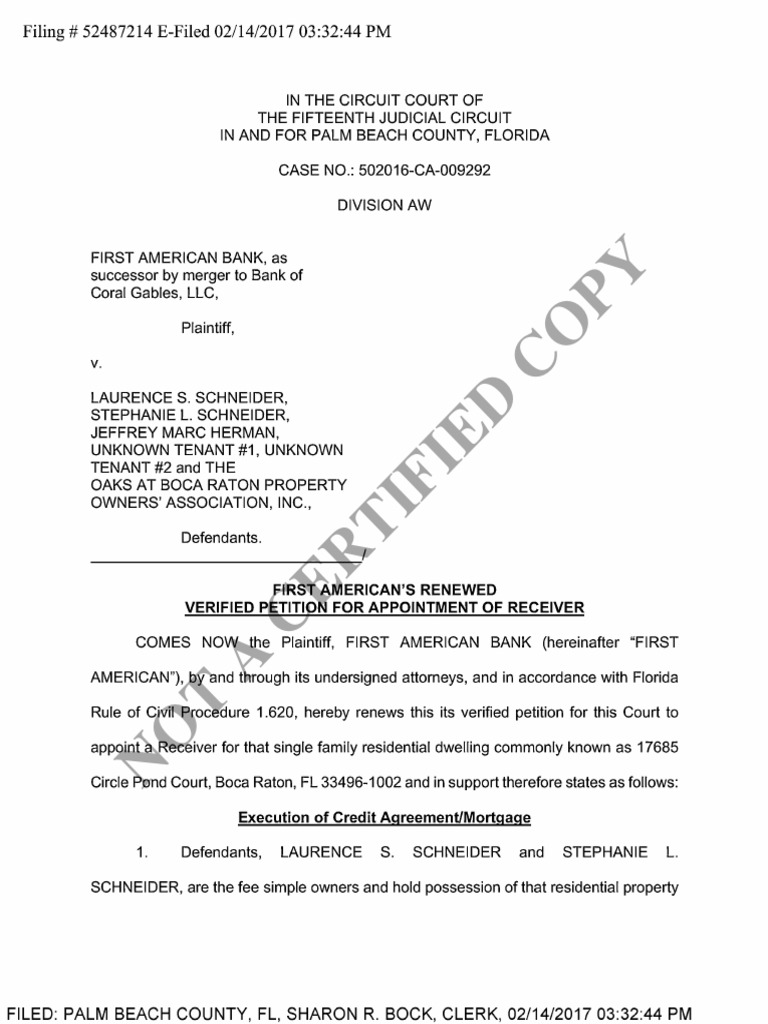 53 First American Bank Renewed Verified Motion Receivership, Feb. 14, 2017 PDF Business