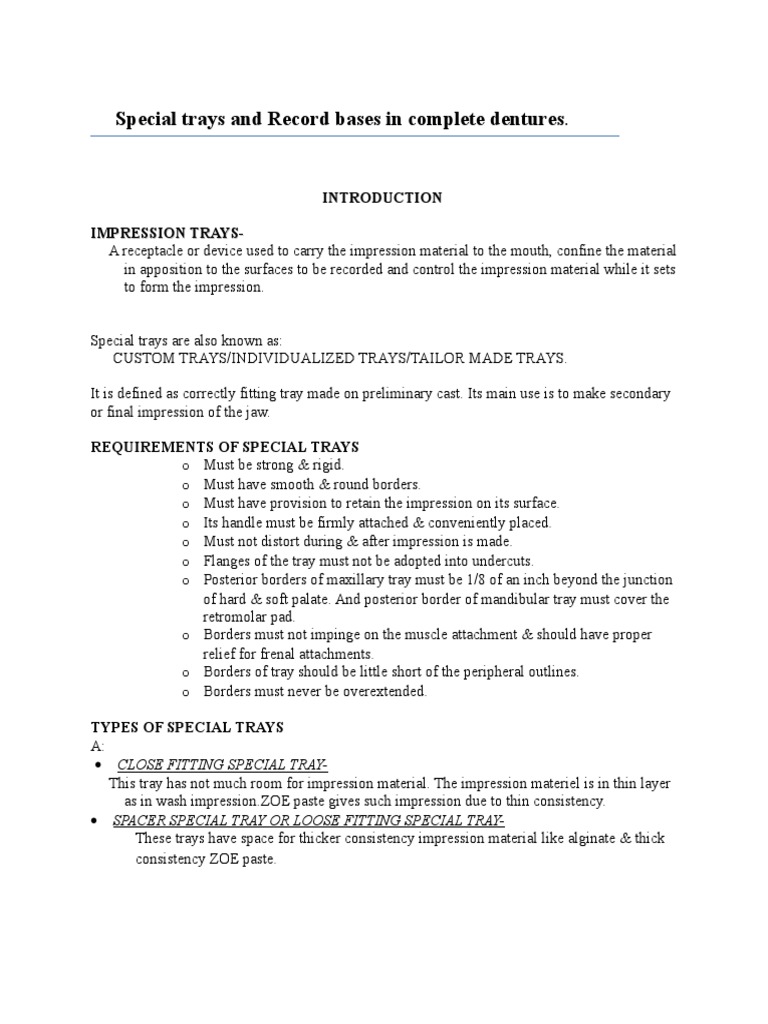 Special Trays and Record Bases in Complete Dentures Materials