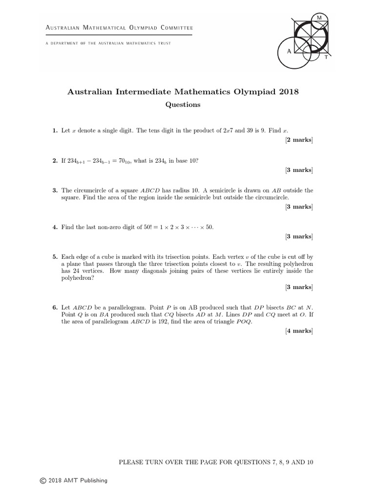 Australian Intermediate Mathematics Olympiad 2018: Questions | PDF ...
