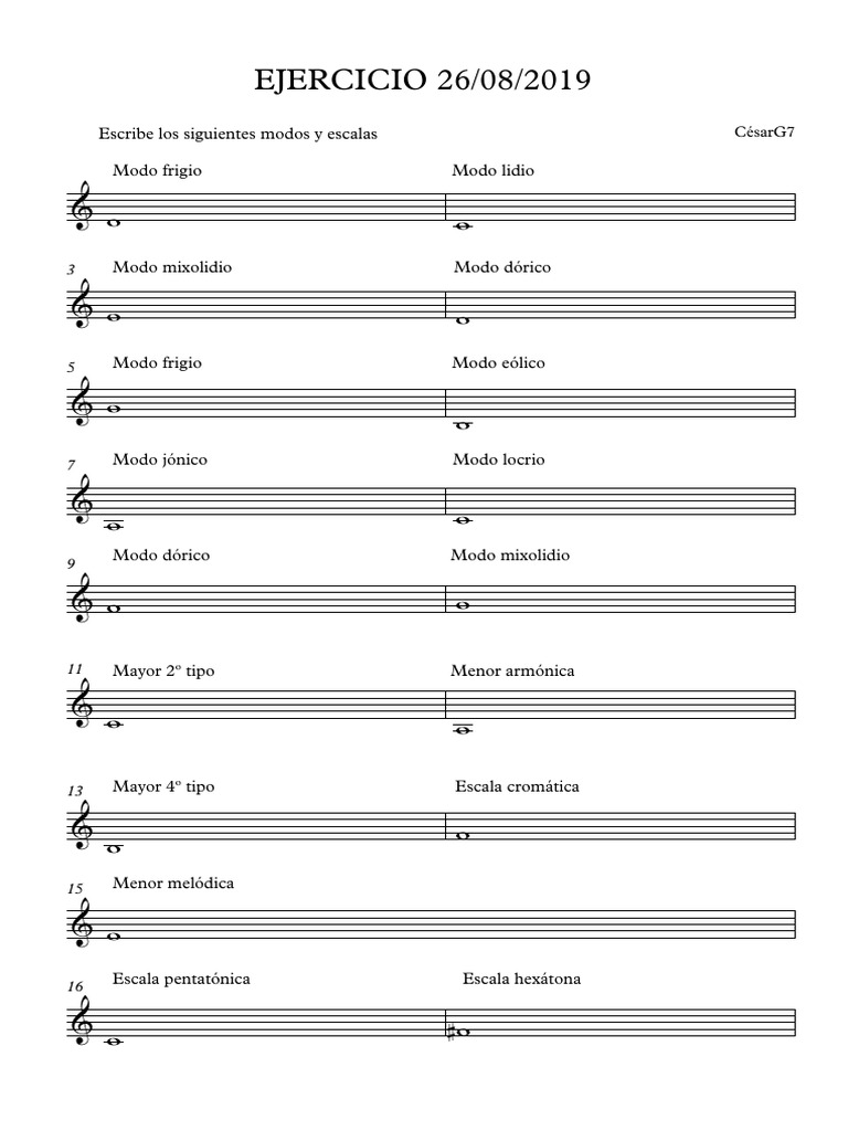 Ejercicio de Modos y Escalas Musicales | PDF | Escala (música) | Modo ...