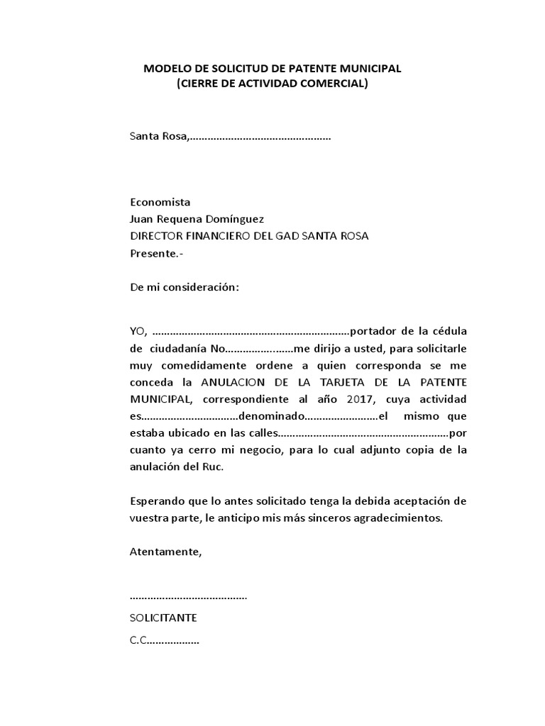 Modelo de Solicitud Cierre de Actividad de Patente Municipal PDF | PDF