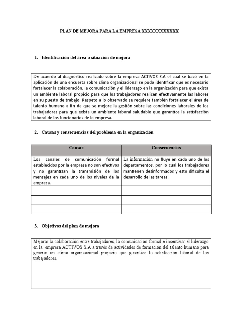 Ejemplo Plan de Mejora para La Empresa XXXXXXXXXXXX | PDF | Liderazgo ...