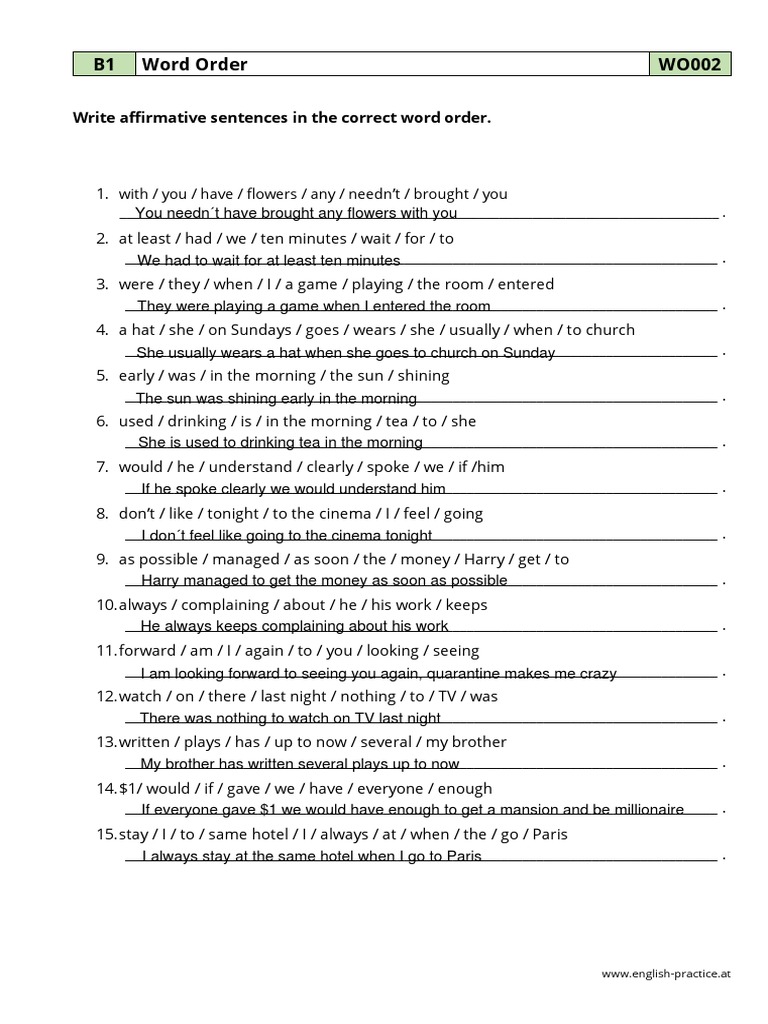 B1 Word Order WO002: Write Affirmative Sentences in The Correct Word ...