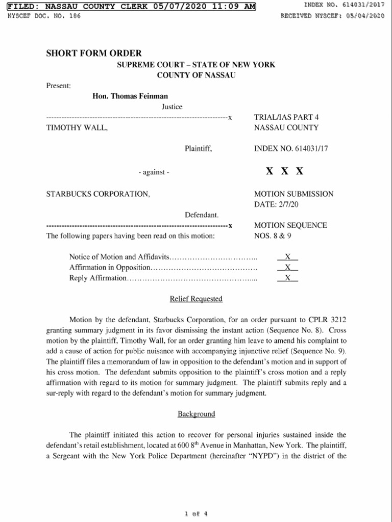 Timothy Wall V Starbucks Order Granting Motion For Summary Judgment