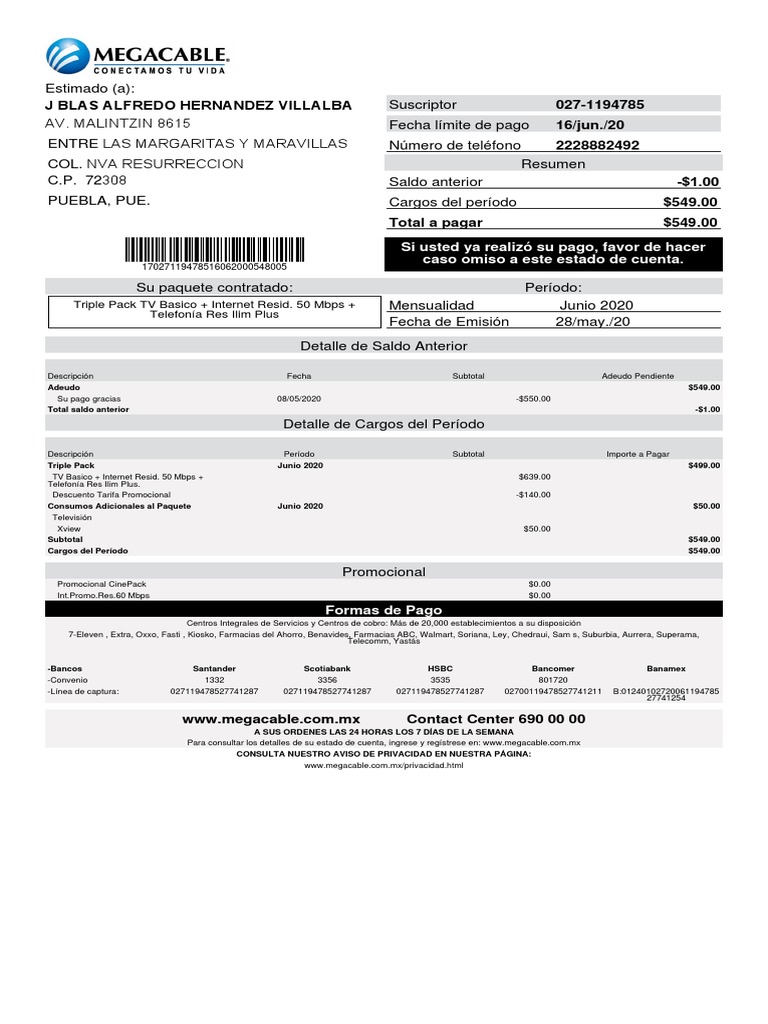 Recibo Megacable | PDF | Minoristas de alimentos | Empresas de servicios