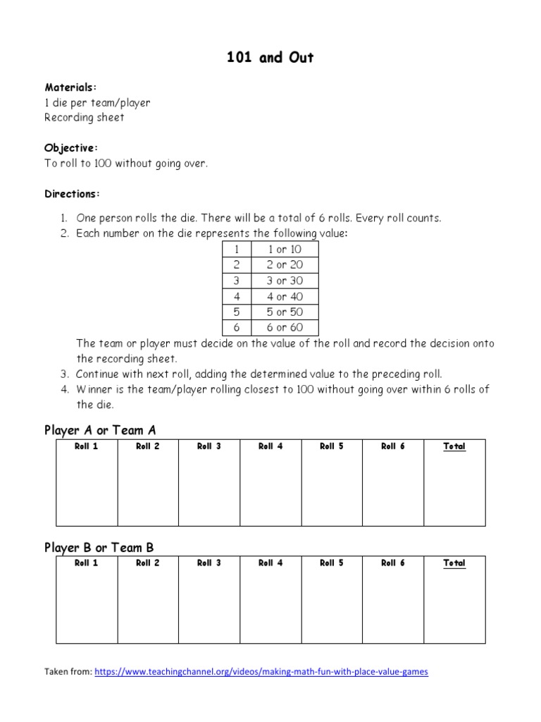 Fun Place Value Game: 101 and Out | PDF | Sports & Recreation